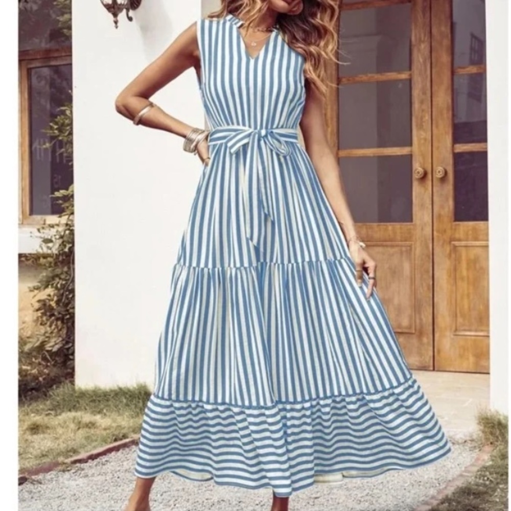 Boho Green White Striped Sleeveless Belted Maxi Dress - Picture 11 of 11